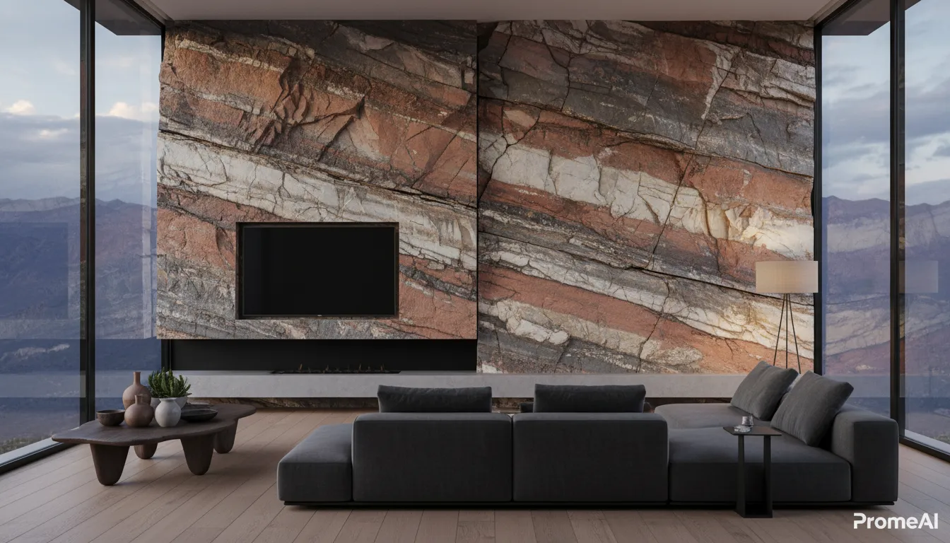 Un rendering fotorealistico di un soggiorno moderno con una splendida parete d'accento in Roccia delle Ande Peruviane, generato da PromeAI.