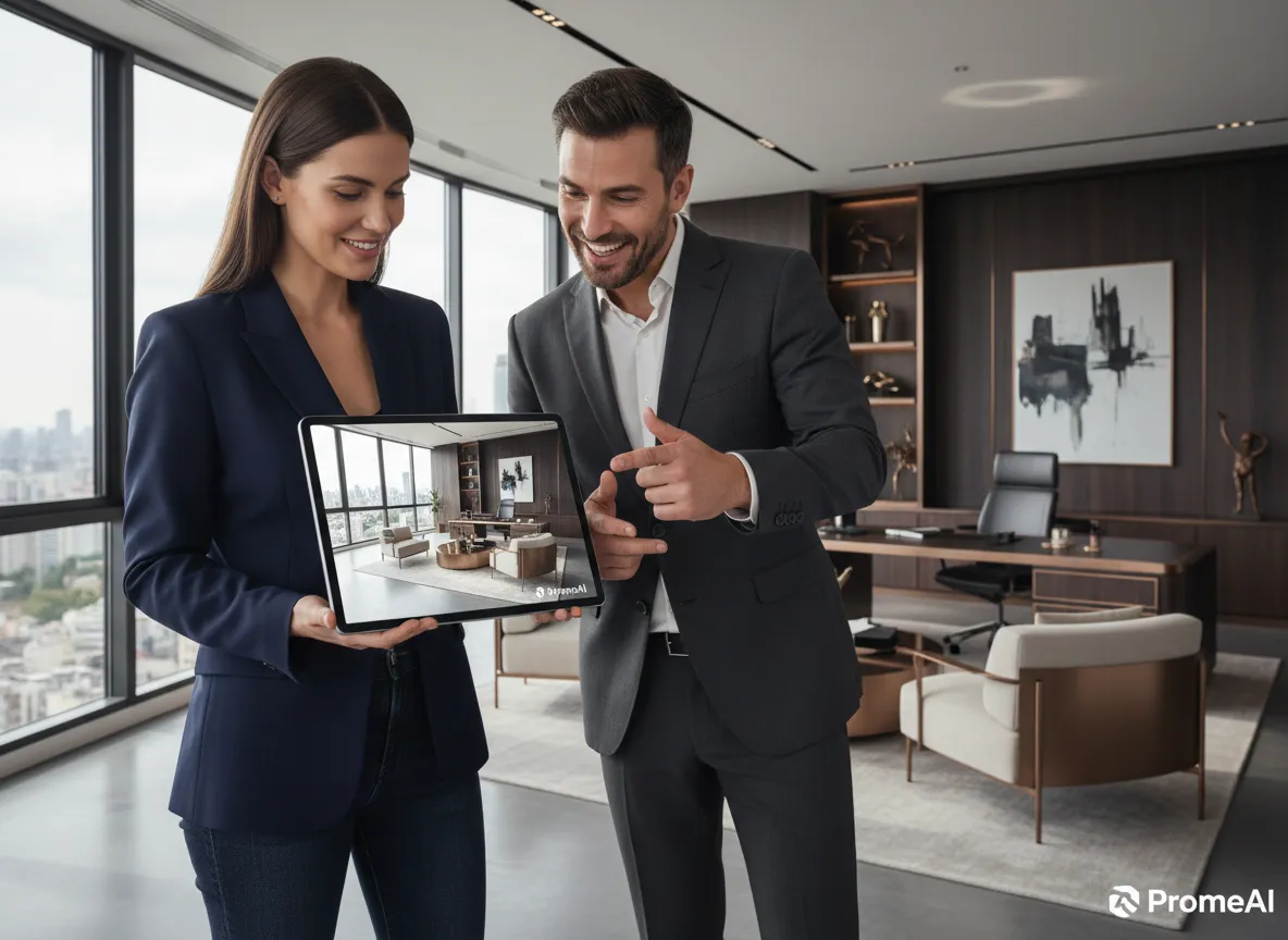 Ein Innenarchitekt präsentiert einem beeindruckten Kunden auf einem Tablet ein PromeAI-Rendering eines Büros mit Bronzeakzenten.