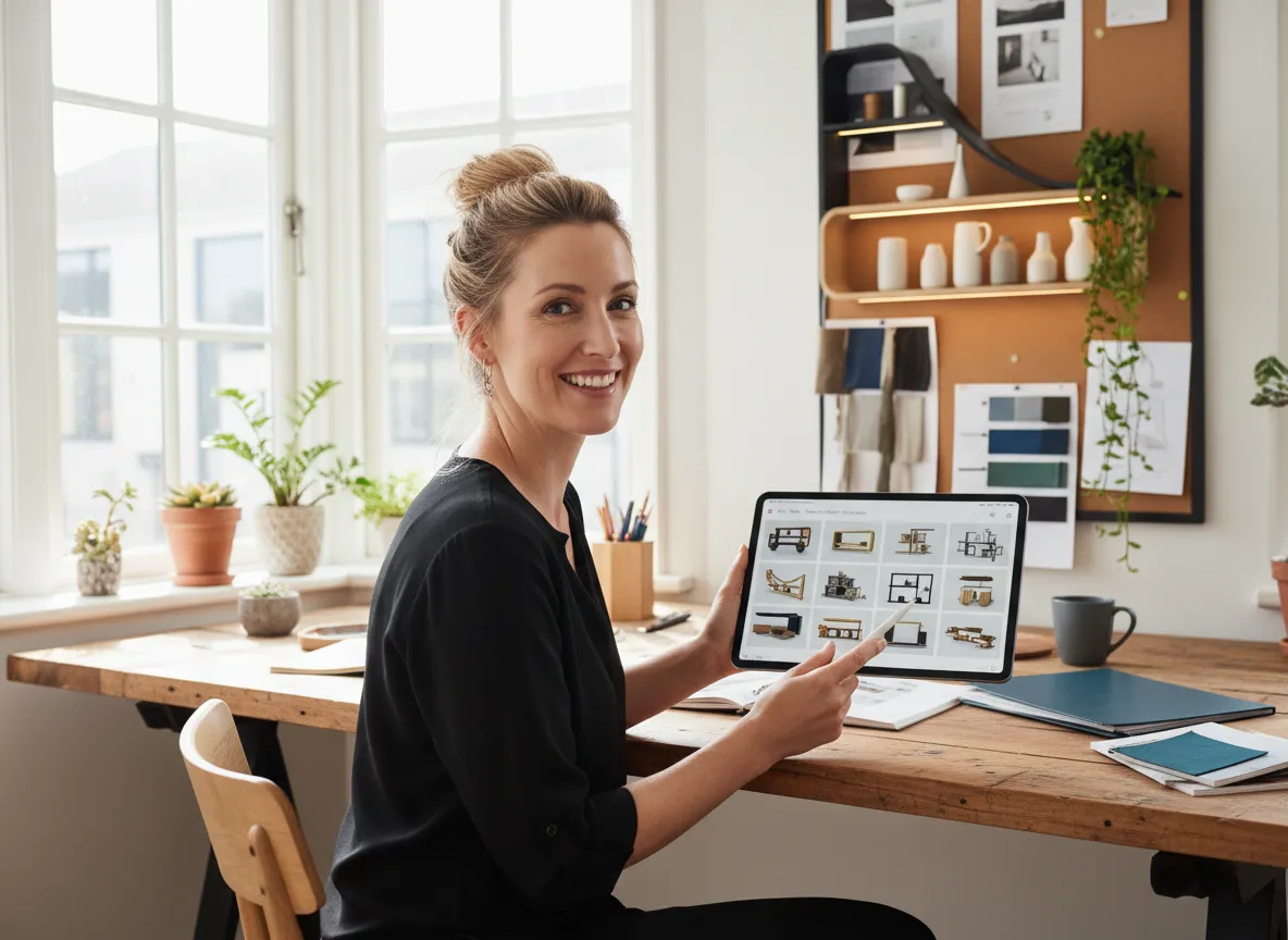 एक इंटीरियर डिज़ाइनर जो एक धूप वाले स्टूडियो में टैबलेट पर कई AI-जनित शेल्फ डिज़ाइनों की समीक्षा करते हुए खुश दिख रहा है।