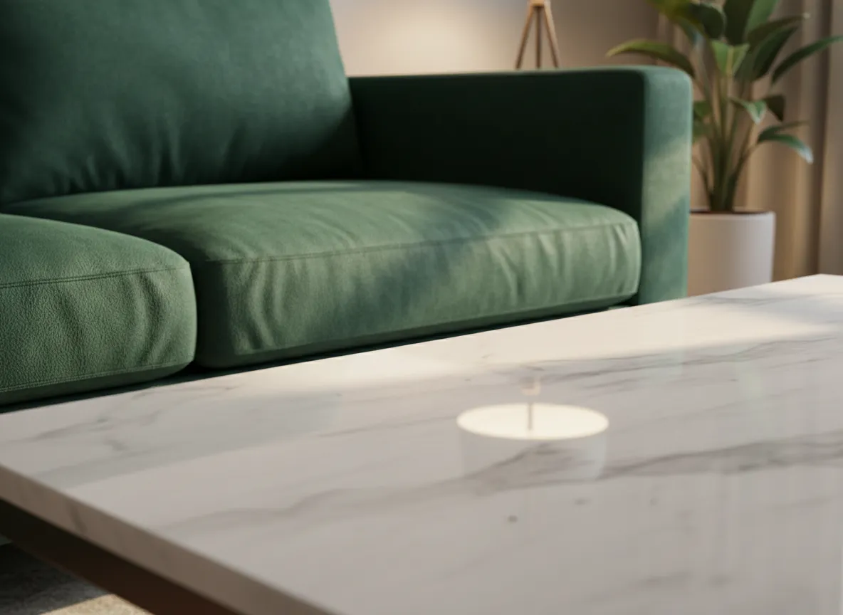 एक रेंडर की गई छवि का क्लोज़-अप, जिसमें एक मखमली सोफे की यथार्थवादी बनावट और एक संगमरमर की कॉफी टेबल पर प्रकाश के प्रतिबिंब को उजागर किया गया है।