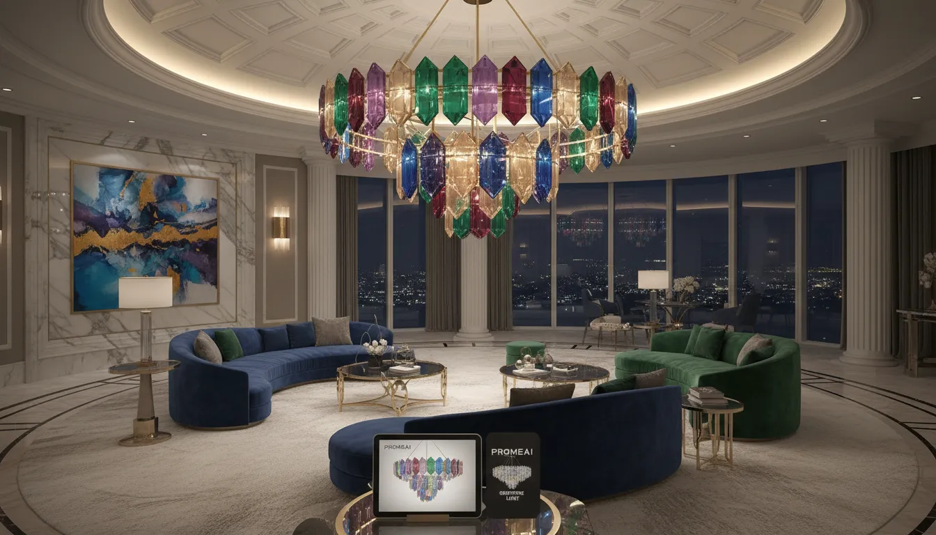 Ein fotorealistisches Rendering eines luxuriösen Wohnzimmers mit einem individuell gestalteten Edelsteinleuchter, generiert von PromeAI aus einer Skizze.