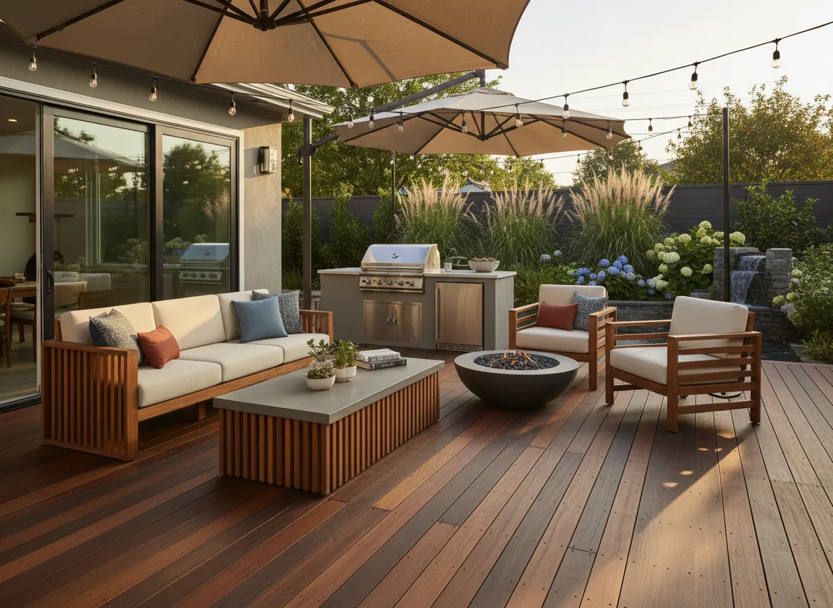 Ein fotorealistisches Rendering einer Gartenterrasse mit Terrassendielen aus Ipe-Holz und Gartenmöbeln.