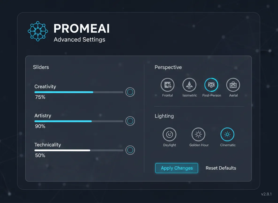 Ein Screenshot der Benutzeroberfläche von PromeAI mit erweiterten Einstellungen, der Schieberegler für 'Kreativität', 'Künstlerischer Ausdruck' sowie Optionen für 'Perspektive' und 'Beleuchtung' zeigt.
