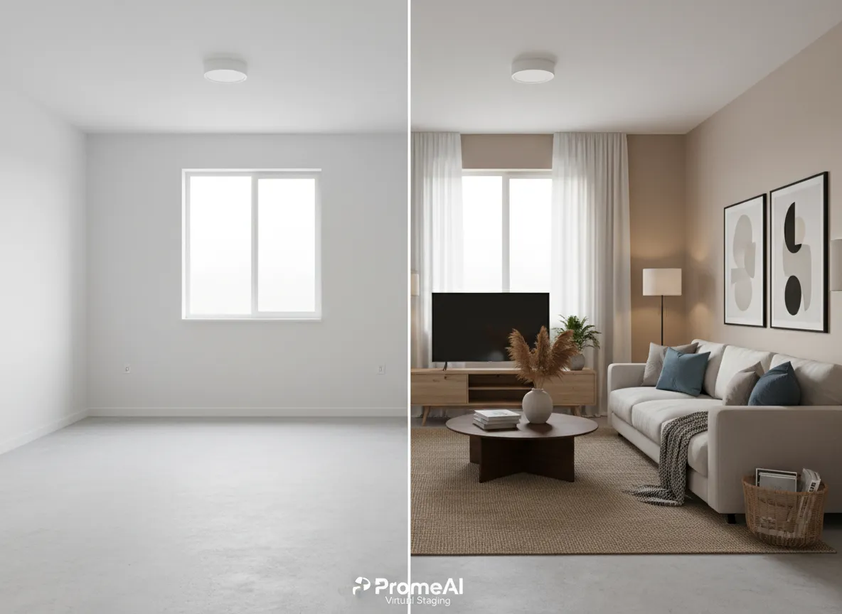 एक खाली कमरे और उसी कमरे की अगल-बगल तुलना, जिसे PromeAI के वर्चुअल स्टेजिंग का उपयोग करके खूबसूरती से सुसज्जित और स्टाइल किया गया है।