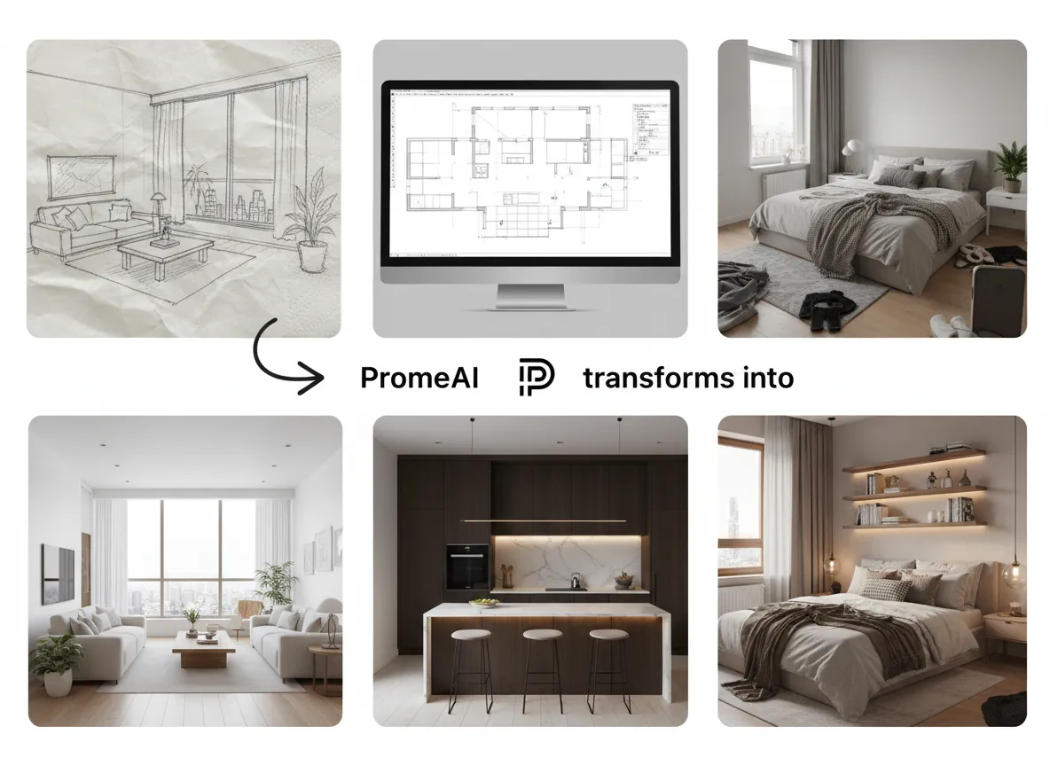 Un collage che mostra vari input — uno schizzo su un tovagliolo, un disegno CAD e una foto da smartphone — tutti convertiti in rendering realistici di interior design da PromeAI.