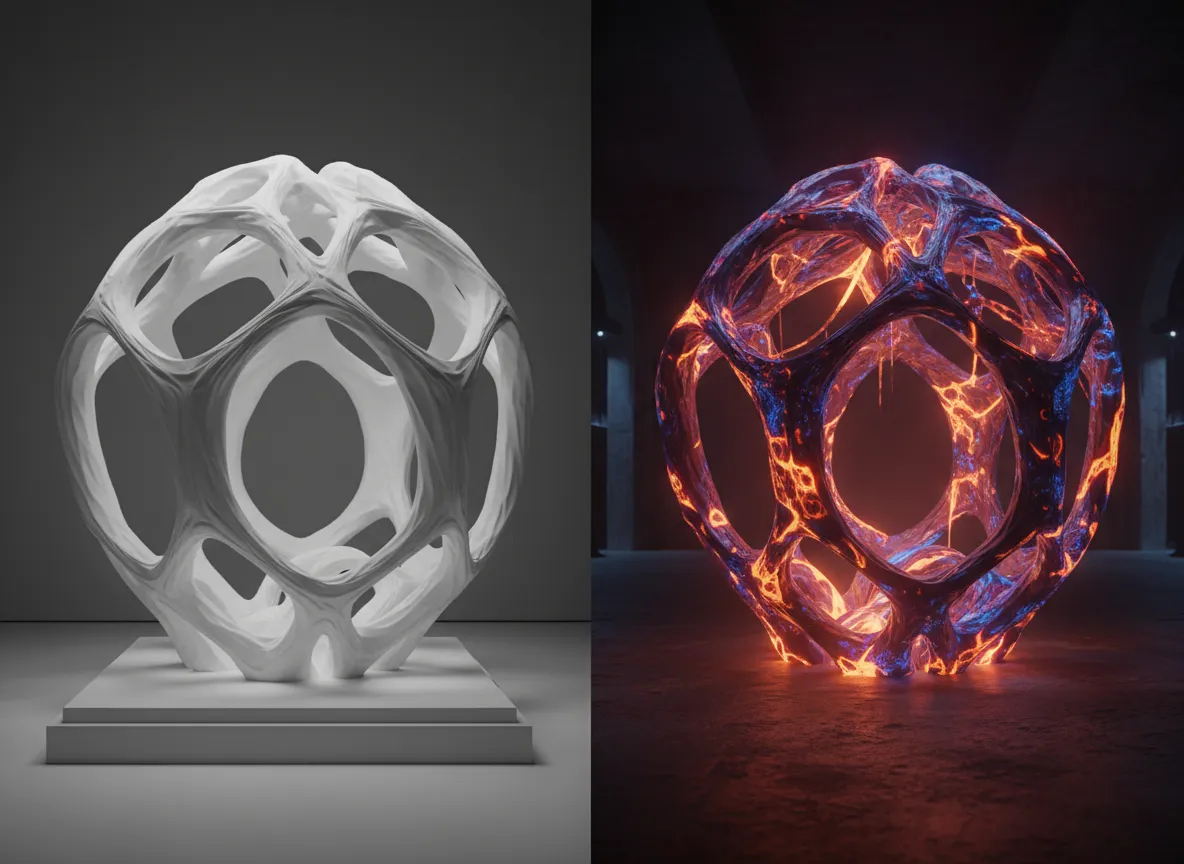 एक जटिल मूर्ति का 3D सफेद मॉडल, जिसके बगल में एक AI-रेंडर किया गया संस्करण है जो इसे एक जीवंत, चमकते लावा लाइट इंस्टॉलेशन के रूप में दिखा रहा है।