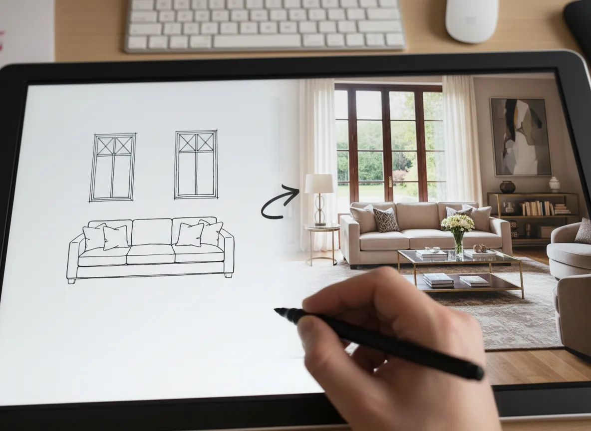एक डिज़ाइनर का हाथ एक साधारण सोफे और खिड़कियों का चित्र बना रहा है, जिसमें एक तीर पूरी तरह से रेंडर किए गए, शानदार लिविंग रूम इंटीरियर की ओर इशारा कर रहा है।