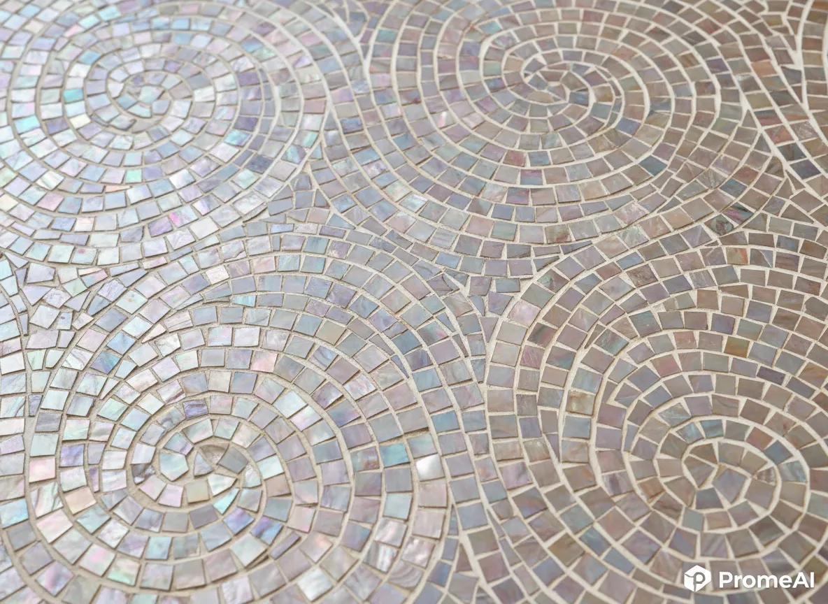एक फ़ोटोरीयलिस्टिक मदर ऑफ पर्ल लक्जरी मोज़ेक टाइल डिज़ाइन का क्लोज-अप शॉट, जो PromeAI के साथ बनाए गए इंद्रधनुषी फ़िनिश और सटीक ग्राउट लाइनों को उजागर करता है।