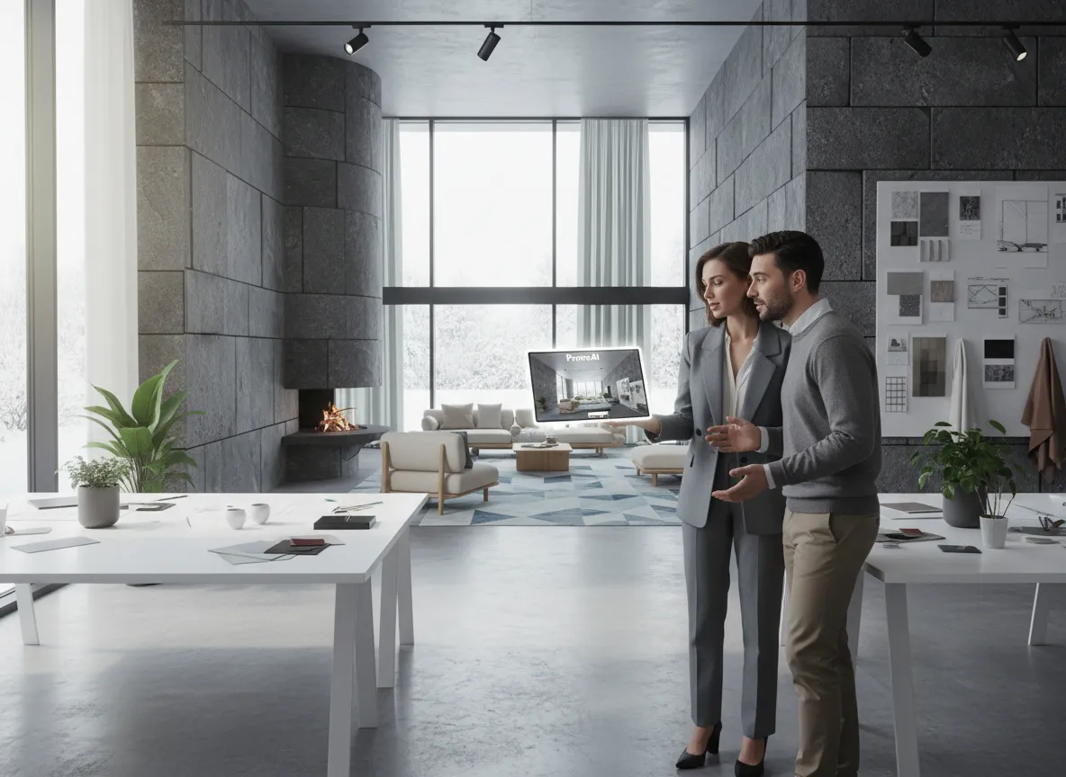 एक इंटीरियर डिज़ाइनर एक प्रभावित ग्राहक को टैबलेट पर नॉर्डिक ग्रे स्टोन लिविंग रूम का PromeAI रेंडर प्रस्तुत करते हुए।