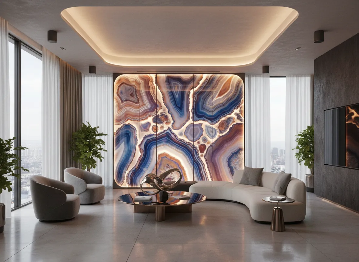Ein modernes Luxus-Wohnzimmer, entworfen in PromeAI, mit einer prächtigen hinterleuchteten Achatwand, die als leuchtendes Herzstück des Raumes dient.