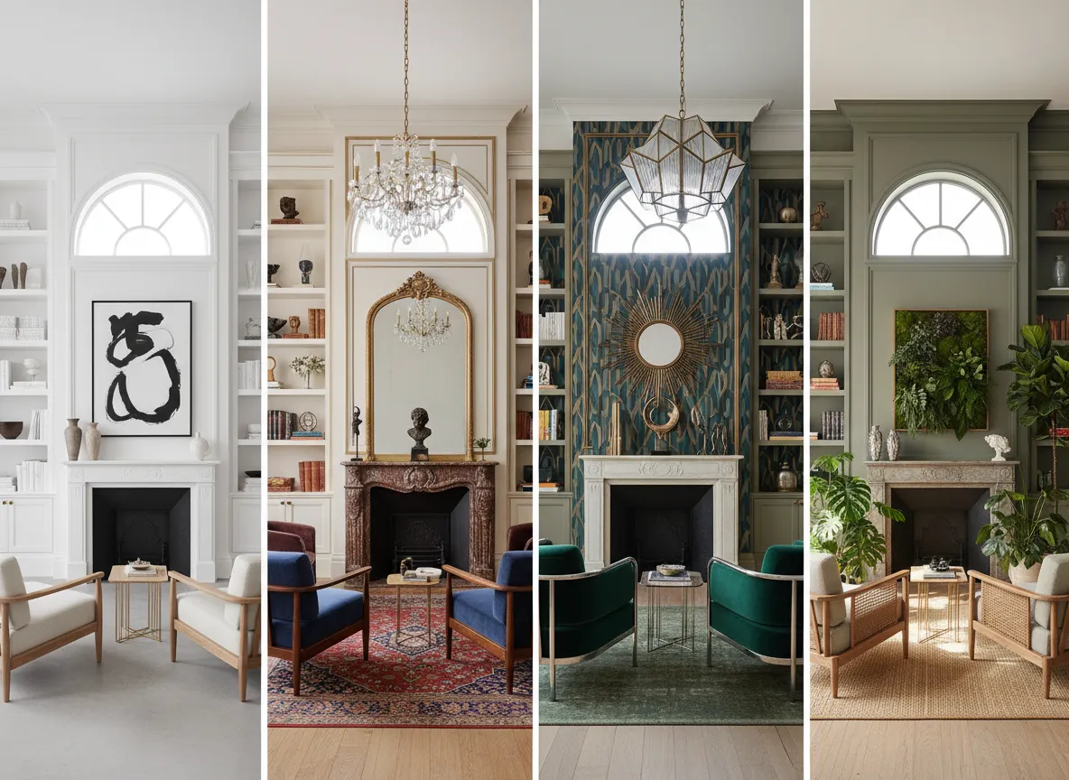 Eine Galerie mit vier verschiedenen Designstilen für denselben symmetrischen Raum, darunter minimalistisch, klassisch, Art déco und biophil.