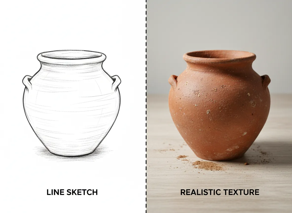 एक साधारण रेखा-चित्र वाले बर्तन की तुलना, जो यथार्थवादी टेराकोटा बनावट वाले पूरी तरह से रेंडर किए गए बर्तन में बदल रहा है।