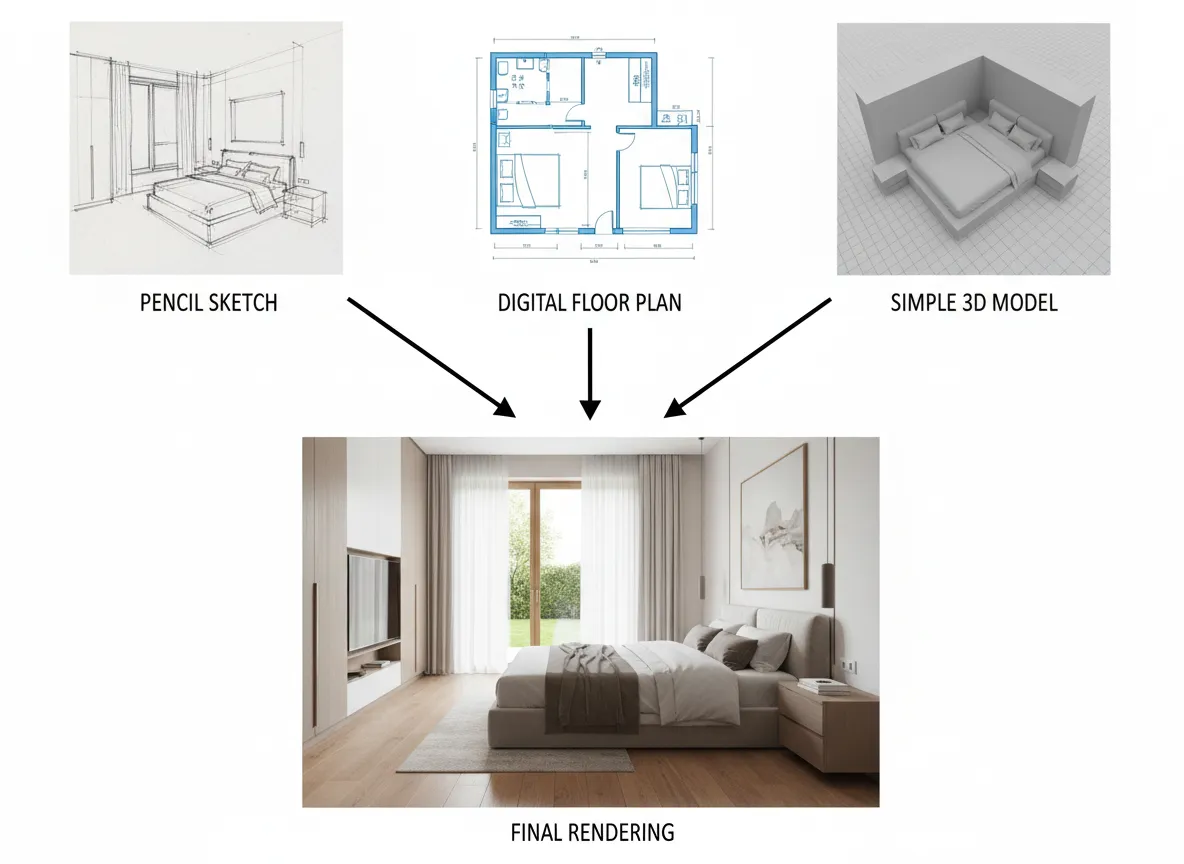 एक कोलाज जिसमें तीन इनपुट प्रकार दिखाए गए हैं—एक पेंसिल स्केच, एक डिजिटल फ्लोर प्लान, और एक साधारण 3D मॉडल—सभी एक बेडरूम की एक सुंदर, सुसंगत अंतिम रेंडरिंग की ओर इशारा करते हैं।