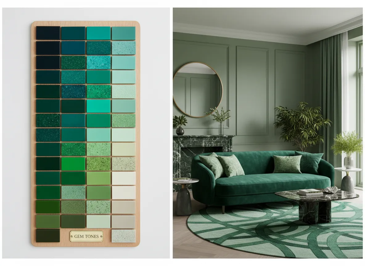 विभिन्न जेड और पन्ना हरे रंग के स्वैच का एक पैलेट, एक AI-जनित इंटीरियर के बगल में जो उनका उपयोग करता है।
