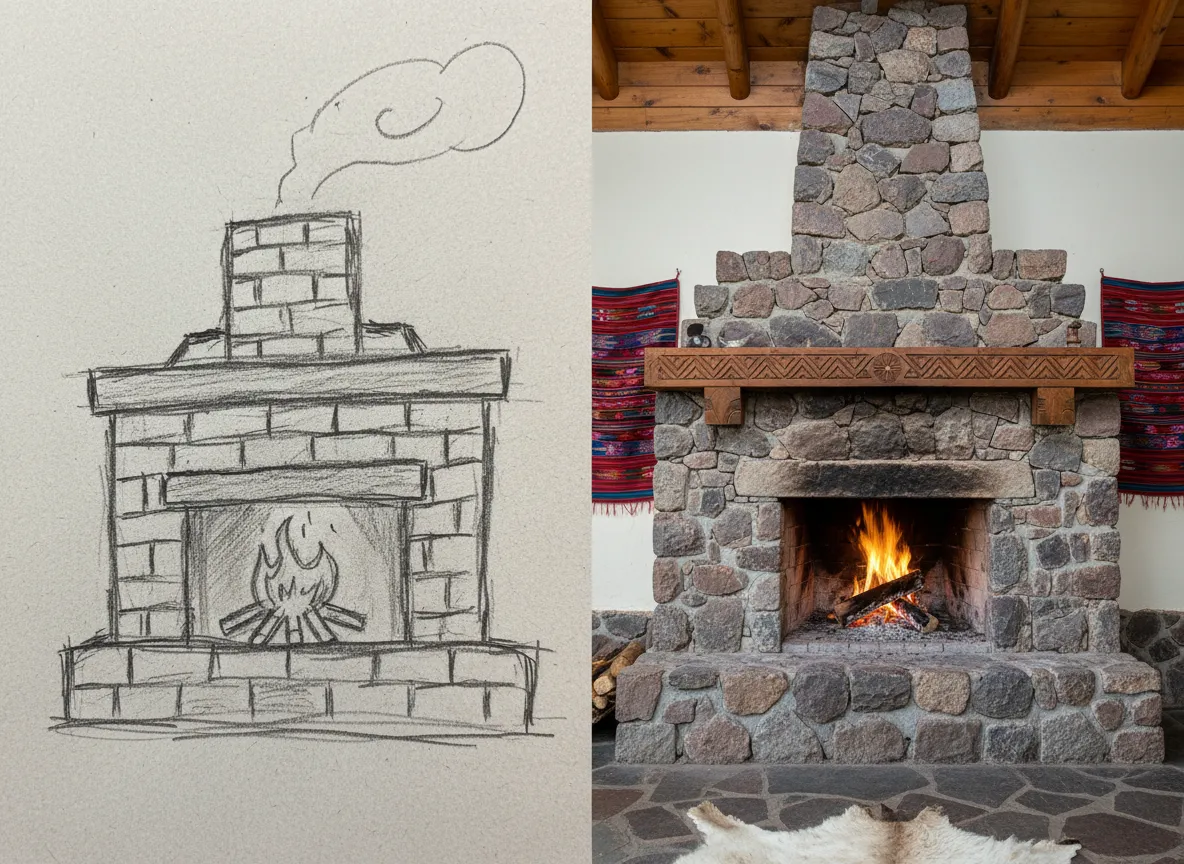 Un'immagine a schermo diviso che mostra un semplice schizzo a mano di un caminetto da un lato e un caminetto in Roccia delle Ande Peruviane completamente renderizzato dall'altro.