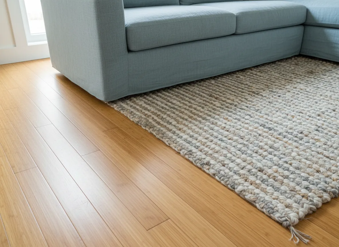 Detailliertes Rendering, das realistische Texturen von Bambusboden, einem gewebten Teppich und einem Leinensofa zeigt.