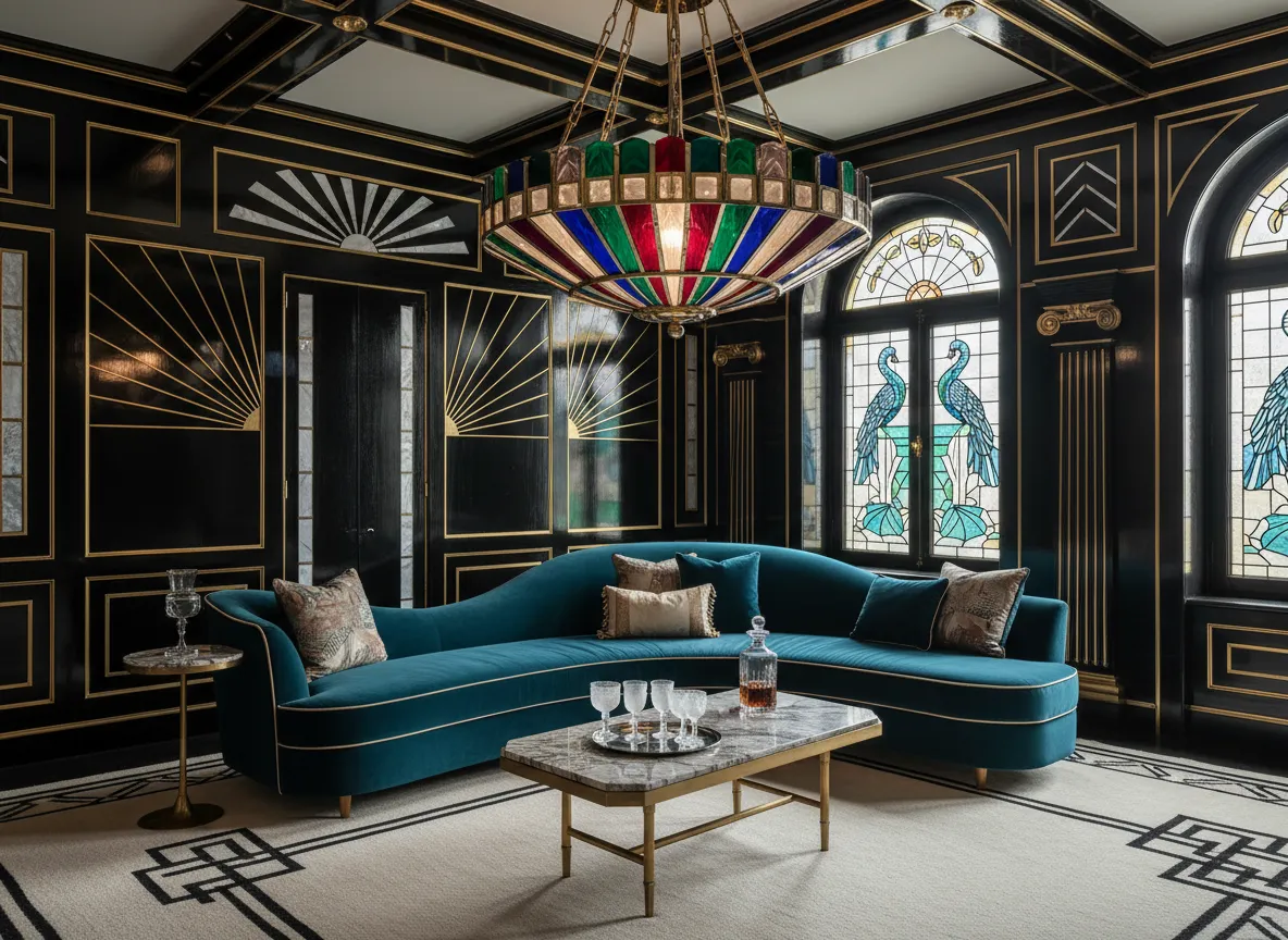 Ein eleganter Raum im Art-Déco-Stil mit einer anspruchsvollen Edelsteinleuchte, die die Ästhetik perfekt ergänzt.