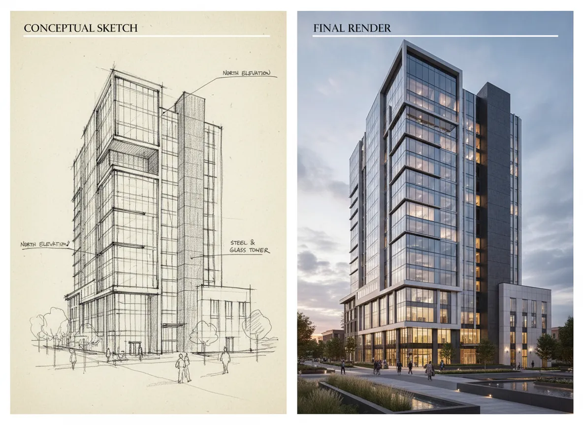 Ein geteilter Bildschirmvergleich, der auf der einen Seite eine handgezeichnete Architekturskizze und auf der anderen Seite das vollständig gerenderte, fotorealistische Gebäude zeigt.