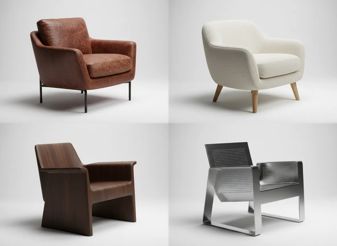 Quattro varianti della stessa poltrona renderizzate con materiali diversi: pelle invecchiata, tessuto bouclé, legno di noce scuro e acciaio lucido.