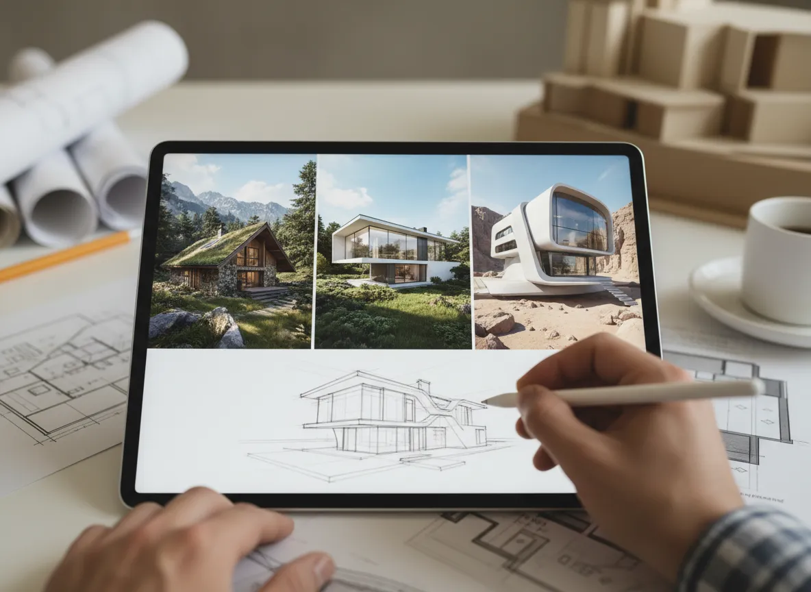 एक डिज़ाइनर का हाथ टैबलेट पर एक आवासीय भवन की अवधारणा बना रहा है, जिसमें स्क्रीन पर कई AI-जनित यथार्थवादी विविधताएँ दिखाई दे रही हैं।