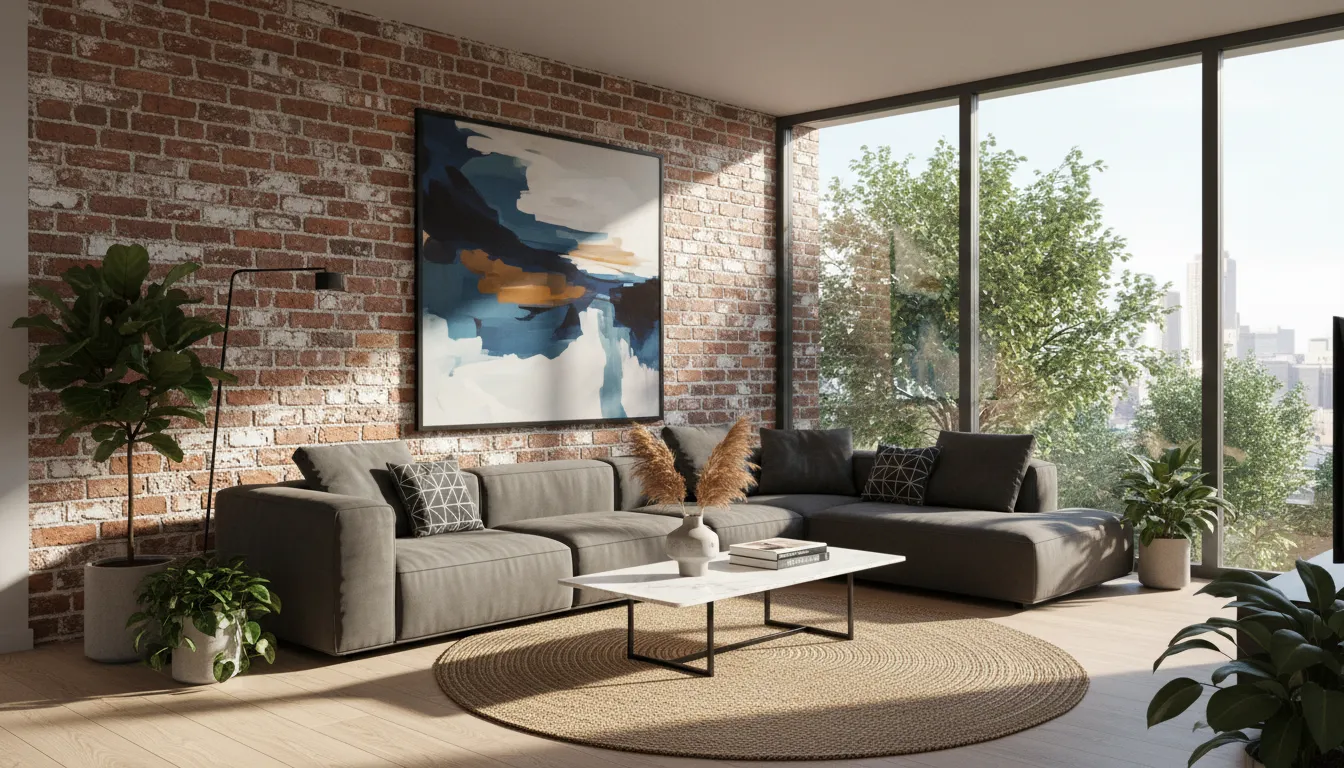 Un rendering fotorealistico straordinario di un soggiorno moderno con una prominente parete d'accento in mattoni a vista, generato da PromeAI a partire da un semplice schizzo.