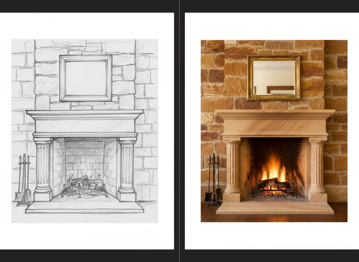 एक फायरप्लेस के पेंसिल स्केच और दक्षिण अफ़्रीकी सैंडस्टोन से बने उसी फायरप्लेस के फ़ोटो-यथार्थवादी रेंडर की अगल-बगल तुलना।