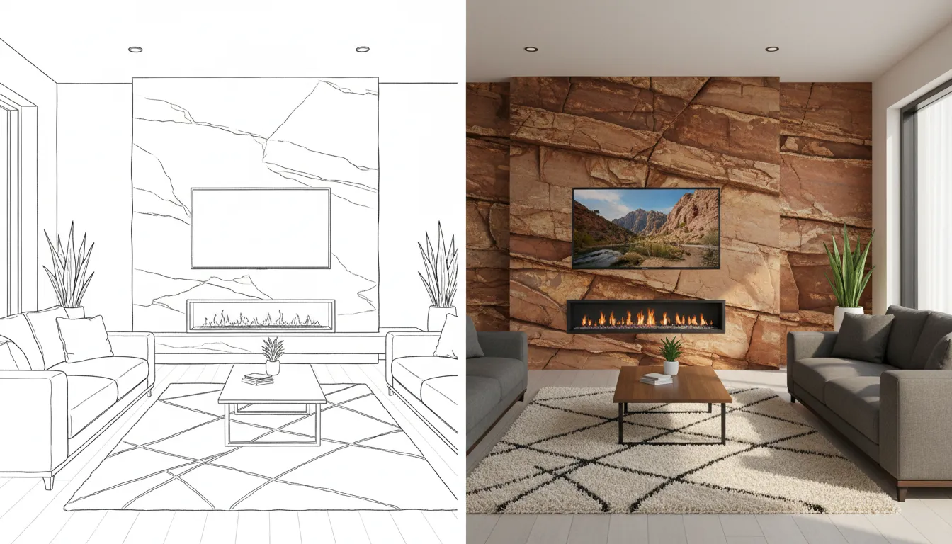 Ein KI-generiertes geteiltes Bild, das links eine einfache Linienskizze eines modernen Wohnzimmers und rechts ein fotorealistisches Rendering desselben Raumes zeigt, mit einer markanten Akzentwand aus Australischem Rotem Fels.