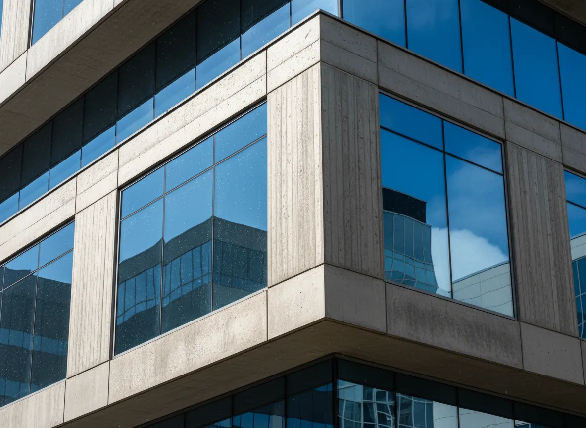 एक आधुनिक वाणिज्यिक भवन के मुखौटे का क्लोज-अप रेंडरिंग, जो कंक्रीट पैनल और परावर्तक कांच की यथार्थवादी बनावट को उजागर करता है।