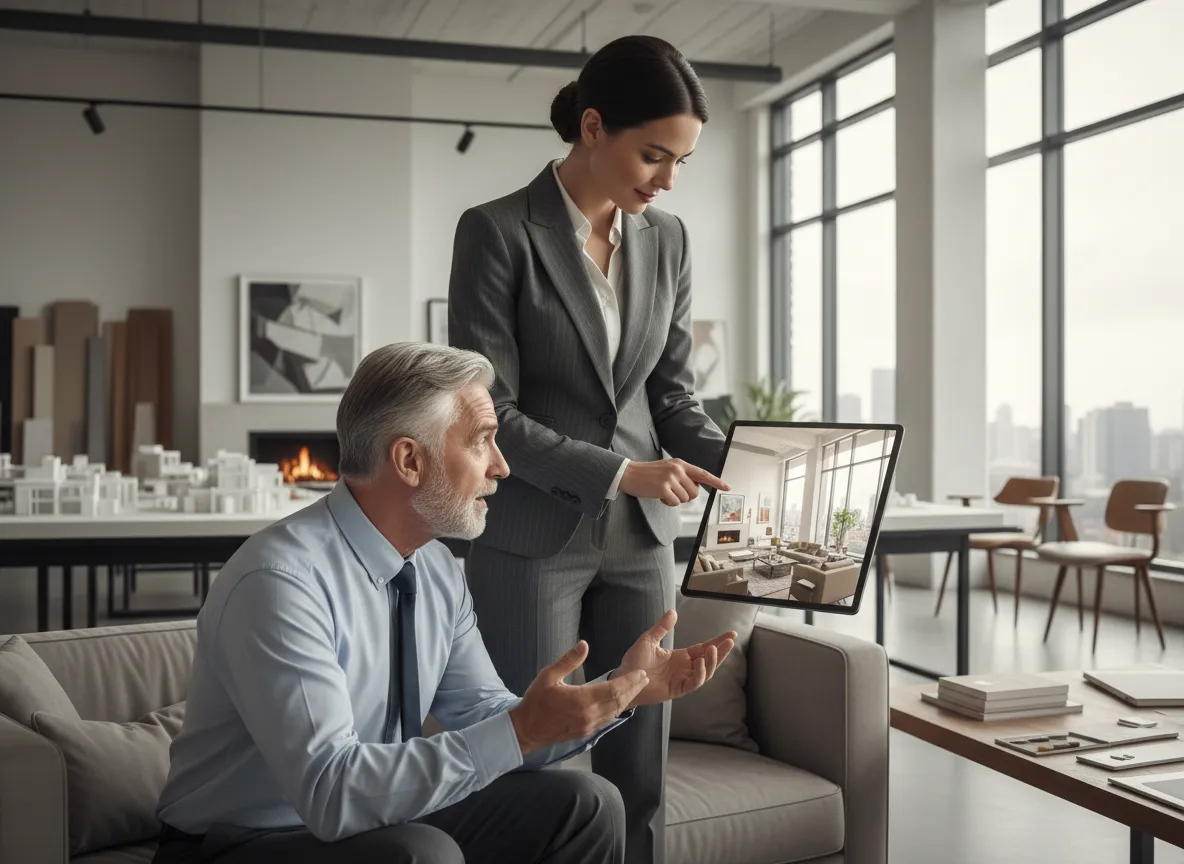 Eine Innenarchitektin präsentiert einem beeindruckten Kunden ein Tablet mit einem PromeAI-Rendering eines Wohnzimmers.