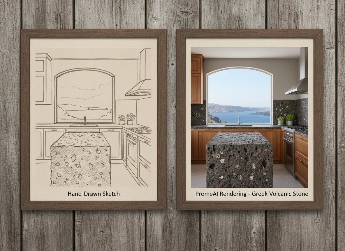 Direkter Vergleich zwischen einer handgezeichneten Küchenskizze und einem fotorealistischen PromeAI-Rendering mit Arbeitsplatten aus griechischem Vulkanstein.