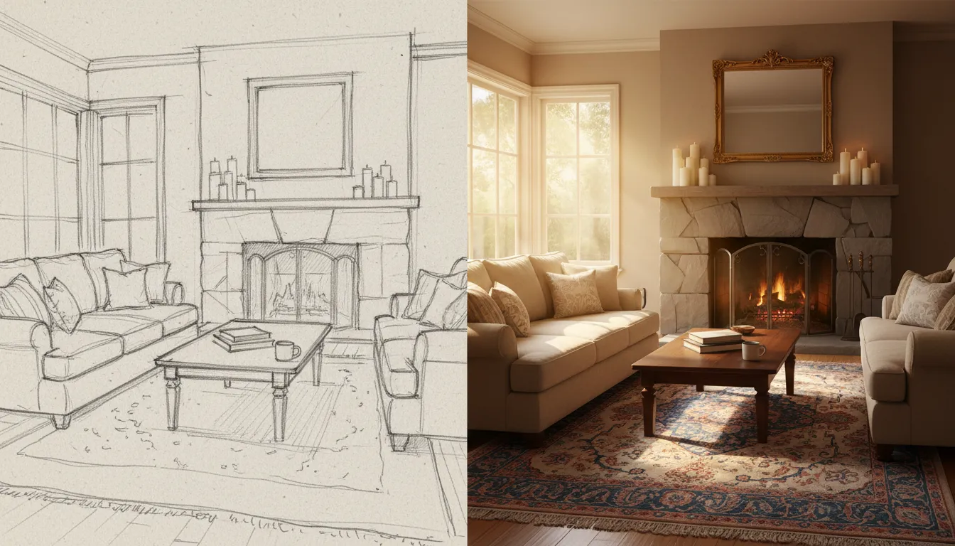 एक स्प्लिट-स्क्रीन इमेज जिसमें बाईं ओर एक लिविंग रूम का हाथ से बनाया गया स्केच और दाईं ओर उसी कमरे का एक फ़ोटो-रियलिस्टिक PromeAI रेंडरिंग दिखाया गया है।