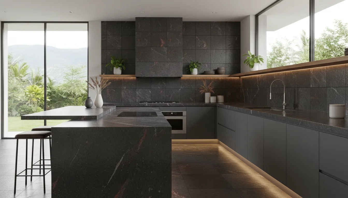 Fotorealistisches Rendering einer modernen Küche mit einer eleganten Arbeitsplatte und passendem Fliesenspiegel aus mexikanischem Basalt.