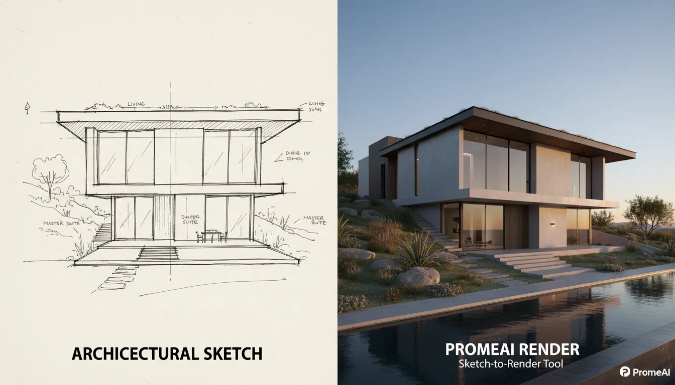 Ein direkter Vergleich, der eine einfache Architekturskizze eines modernen Hauses und ein fotorealistisches Rendering desselben Hauses zeigt, erstellt mit dem Skizze-zu-Rendering-Tool von PromeAI.