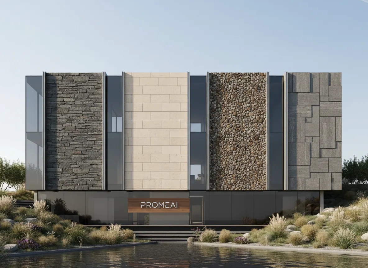 एक आधुनिक घर के बाहरी हिस्से की एक आर्किटेक्चरल रेंडरिंग, जिसमें PromeAI अग्रभाग पर विभिन्न बाहरी स्टोन क्लैडिंग विकल्प दिखा रहा है।