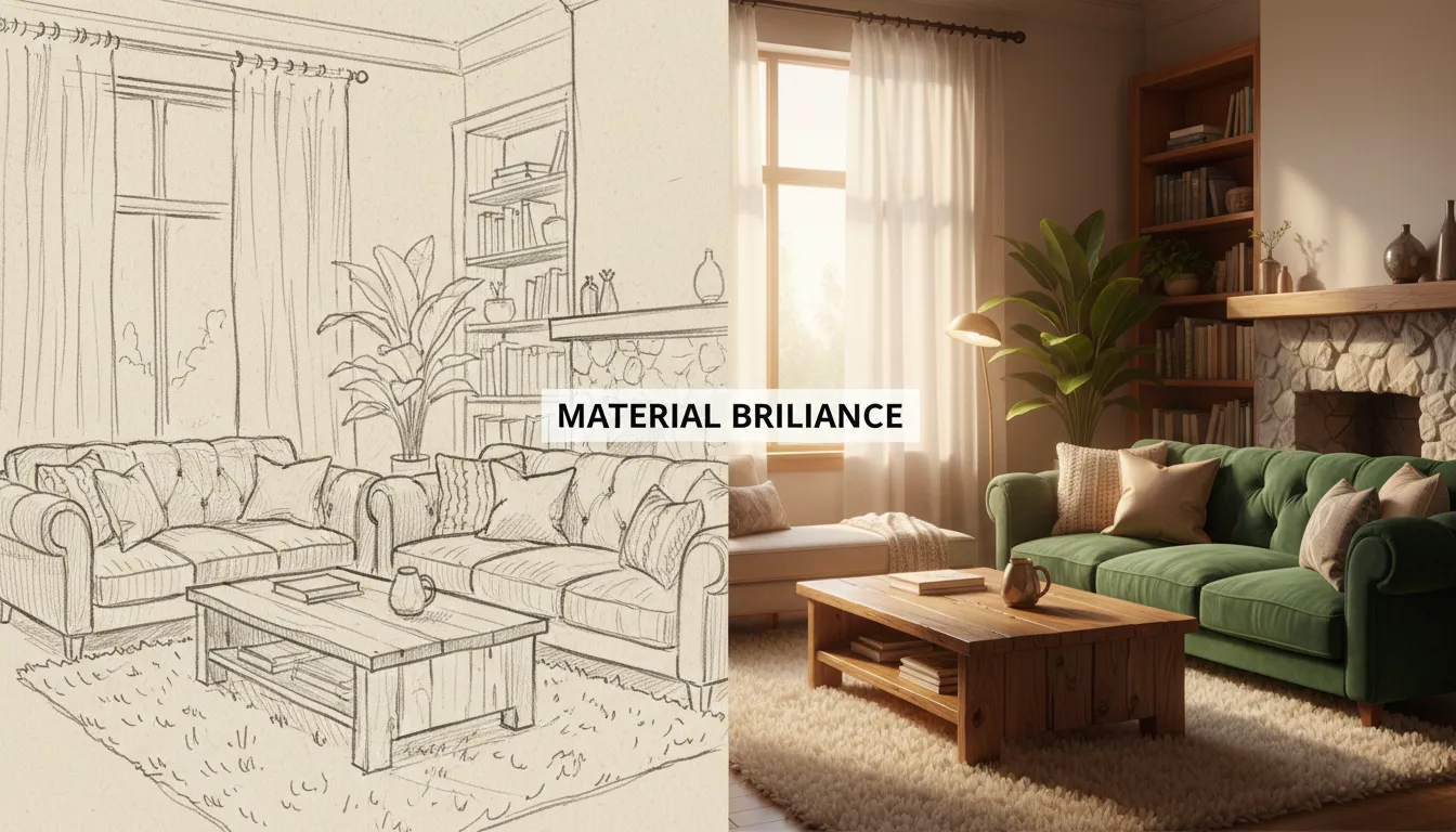 Immagine a schermo diviso che mostra lo schizzo a mano di un soggiorno da un lato e un rendering fotorealistico della stessa stanza creato dall'IA dall'altro, evidenziando la Brillantezza dei Materiali delle texture.