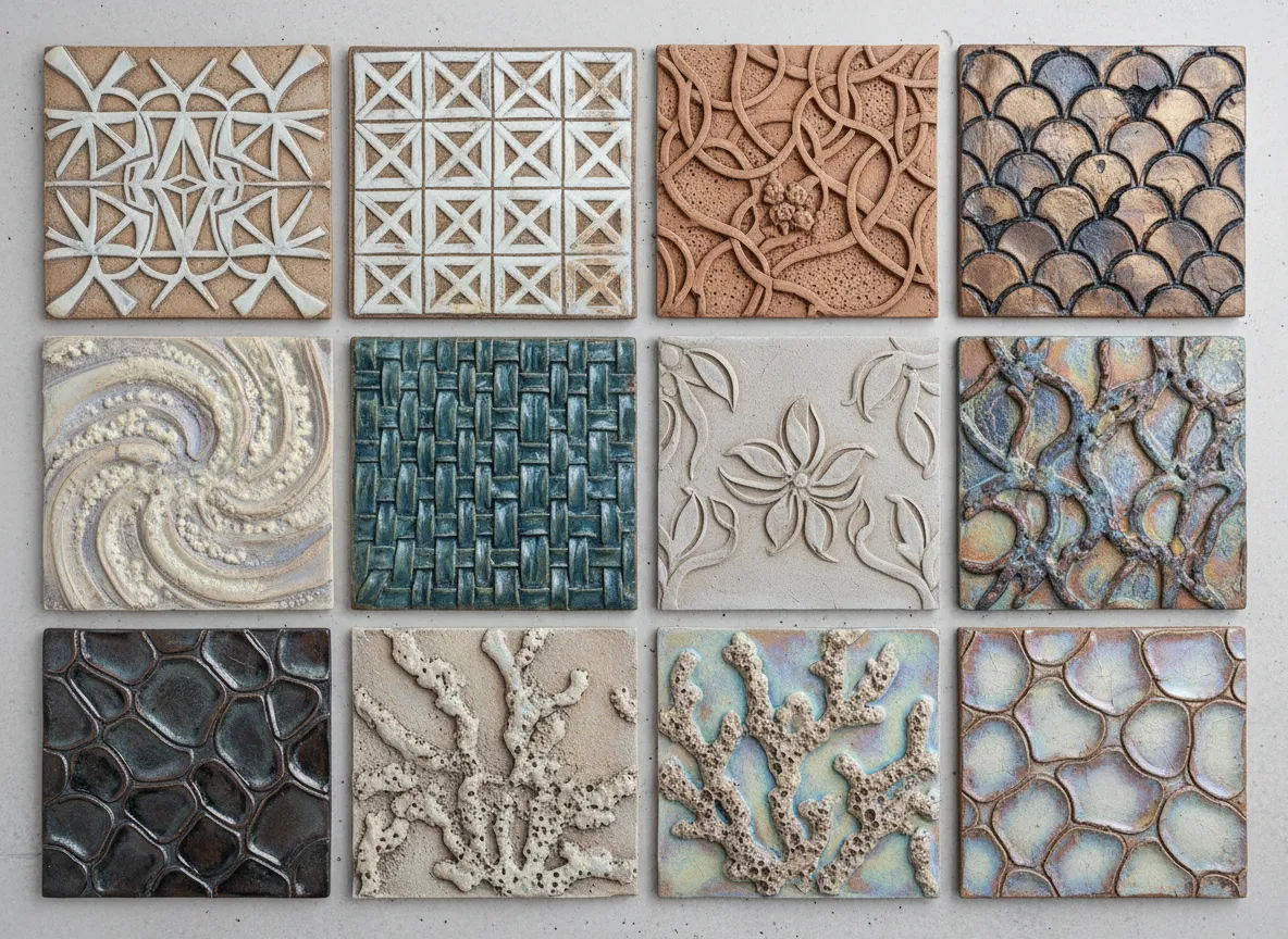 Ein Raster mit neun verschiedenen Keramikschleier-Mustern, die aus einer einzigen Skizze generiert wurden und eine Vielzahl von Texturen und Stilen zeigen.