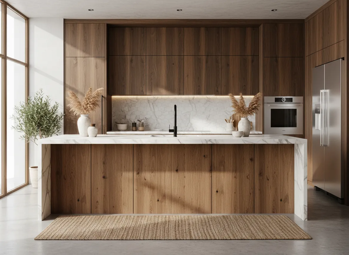 Ein ultra-realistisches Innenarchitektur-Rendering einer Küche, das detaillierte Texturen auf der Marmorarbeitsplatte und den Holzschränken hervorhebt, erstellt mit PromeAI.