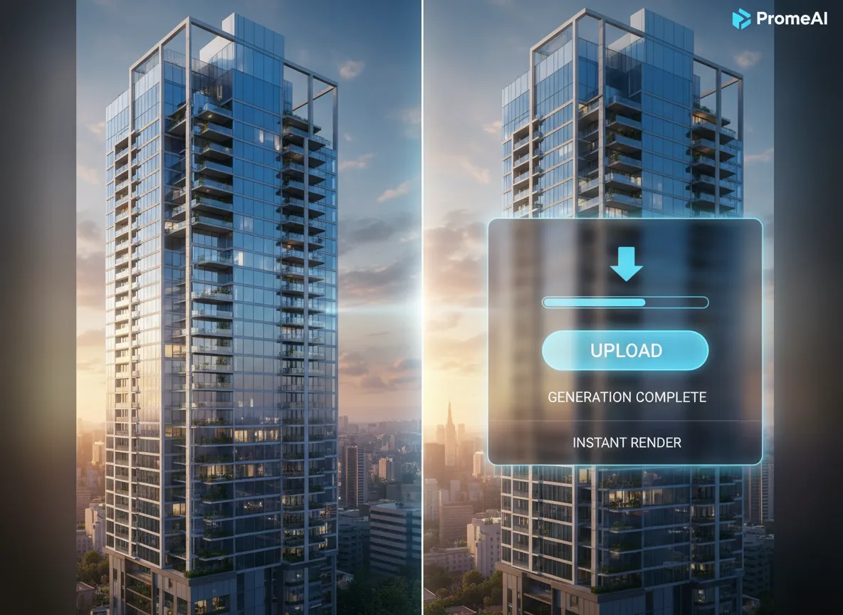 Eine Animation, die zeigt, wie eine einfache 3D-'Weißmodell'-Datei eines Hochhauses auf PromeAI hochgeladen und sofort in ein vollständig gerendertes Bild umgewandelt wird.