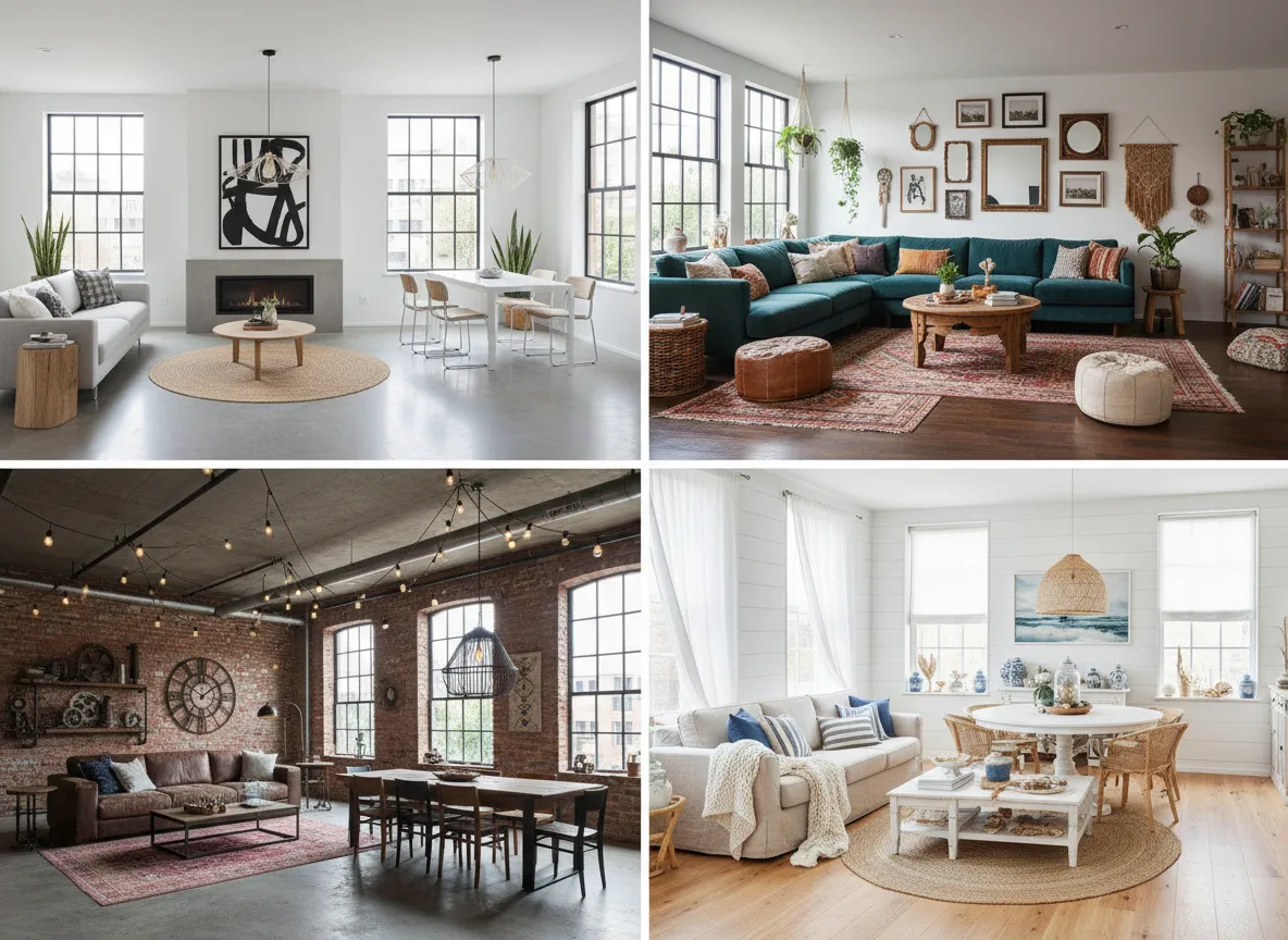 एक ही कमरे के लिए चार अलग-अलग इंटीरियर डिज़ाइन शैलियों का एक असेंबल, जिसे रचनात्मक पुनरावृत्ति दिखाने के लिए तेज़ी से बनाया गया है।