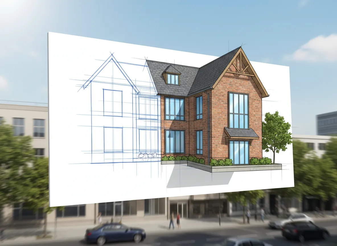 एक तेज़-गति का एनिमेशन जो एक साधारण वास्तुशिल्प ड्राइंग को एक विस्तृत, फोटोरीयलिस्टिक इमारत के बाहरी हिस्से में बदलते हुए दिखाता है।