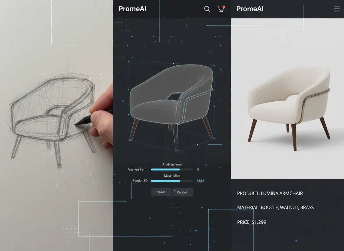 Eine animierte Sequenz, die zeigt, wie eine handgezeichnete Stuhlskizze über die PromeAI-Oberfläche schrittweise in ein vollständig gerendertes 3D-Produktbild umgewandelt wird.