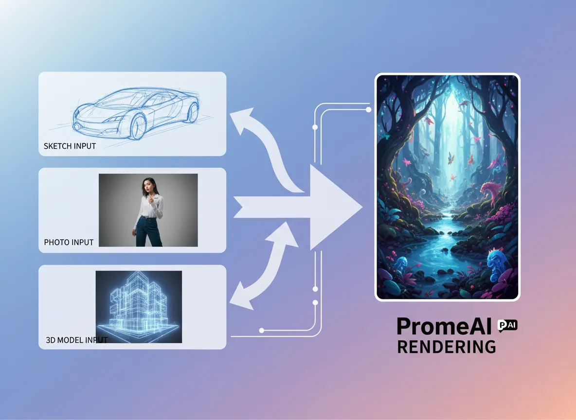 Eine Illustration, die verschiedene Eingabetypen wie eine Skizze, ein Foto und ein 3D-Modell zeigt, die alle auf ein einziges, hochwertiges PromeAI-Rendering hinweisen.