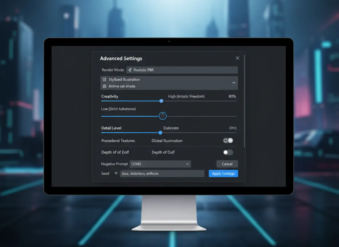 PromeAI का एक यूजर इंटरफेस स्क्रीनशॉट जिसमें 'रेंडर मोड' और 'क्रिएटिविटी' स्लाइडर जैसी उन्नत सेटिंग्स दिखाई गई हैं।