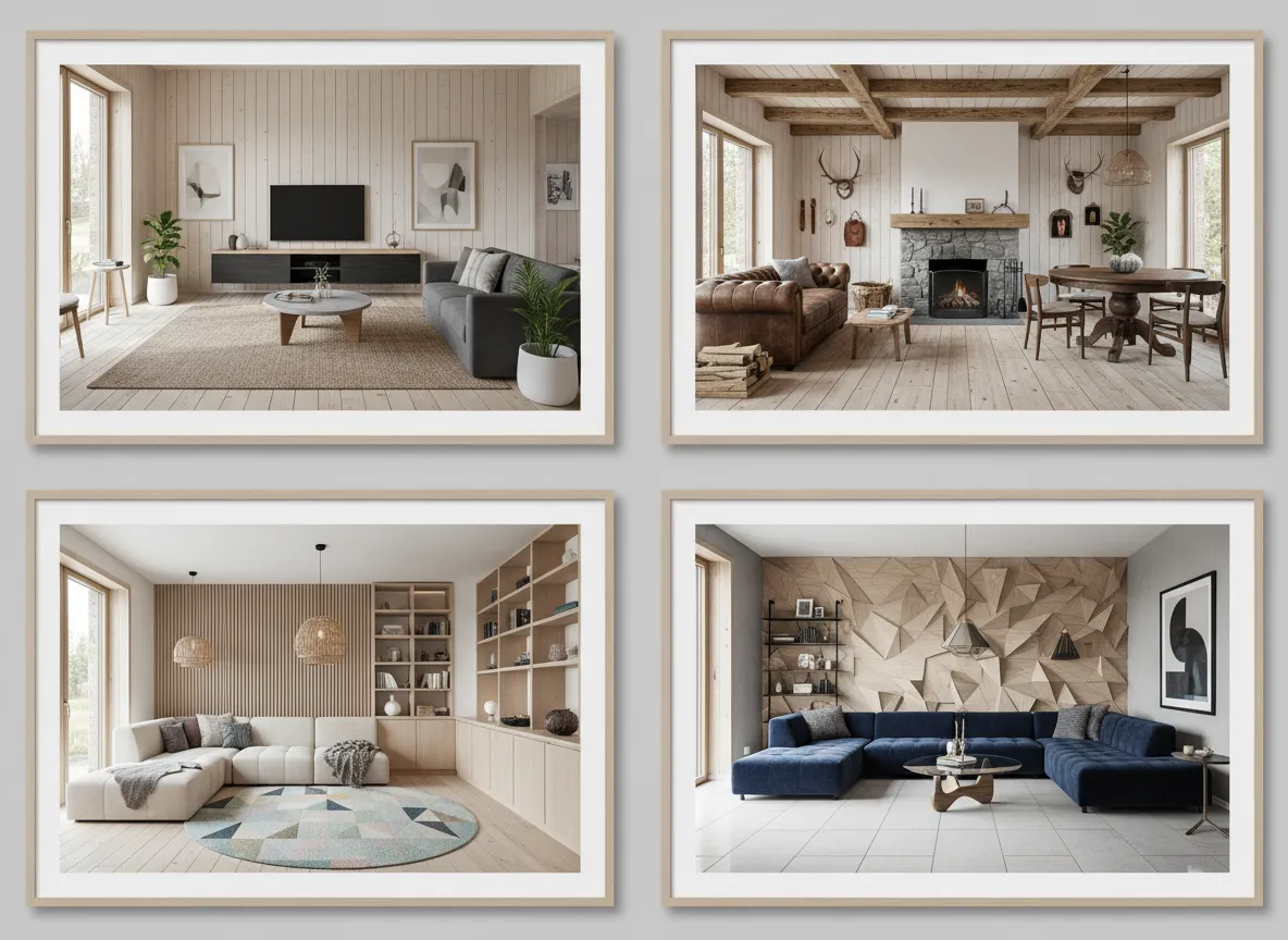 Eine Galerie mit vier verschiedenen Innendesign-Variationen desselben Raumes, alle mit finnischem Kiefernholz in unterschiedlichen Anwendungen und Stilen.