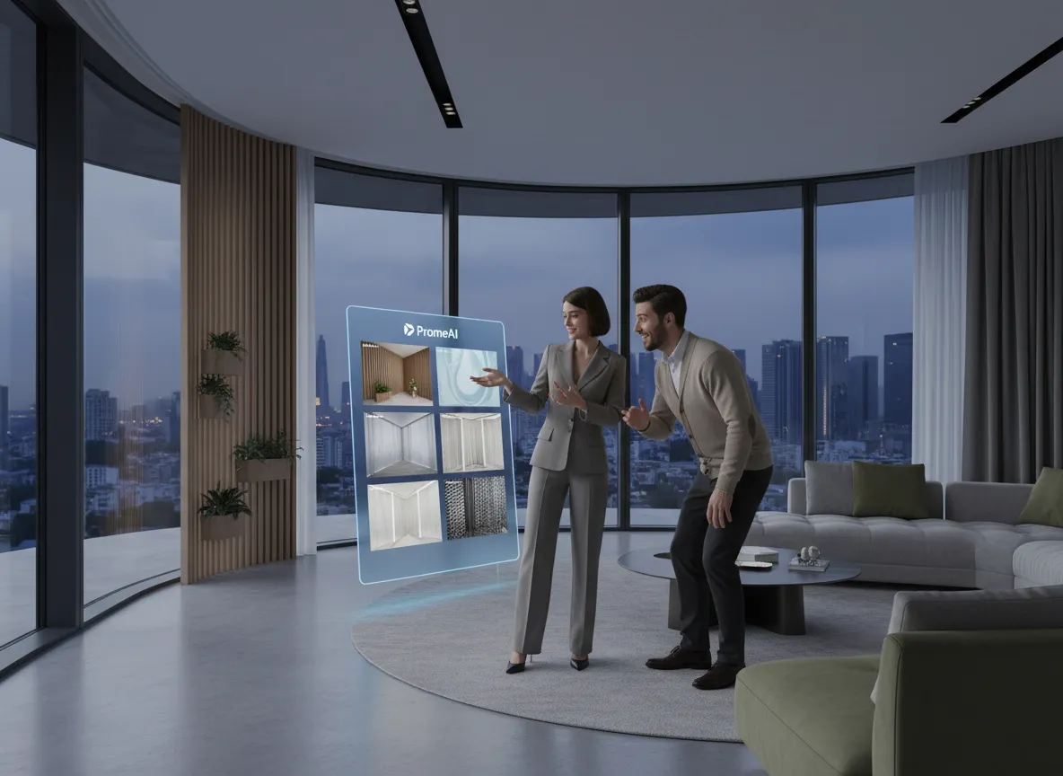Ein Designer präsentiert einem beeindruckten Kunden in einem modernen Haus ein Tablet mit mehreren von PromeAI generierten Raumteiler-Optionen.