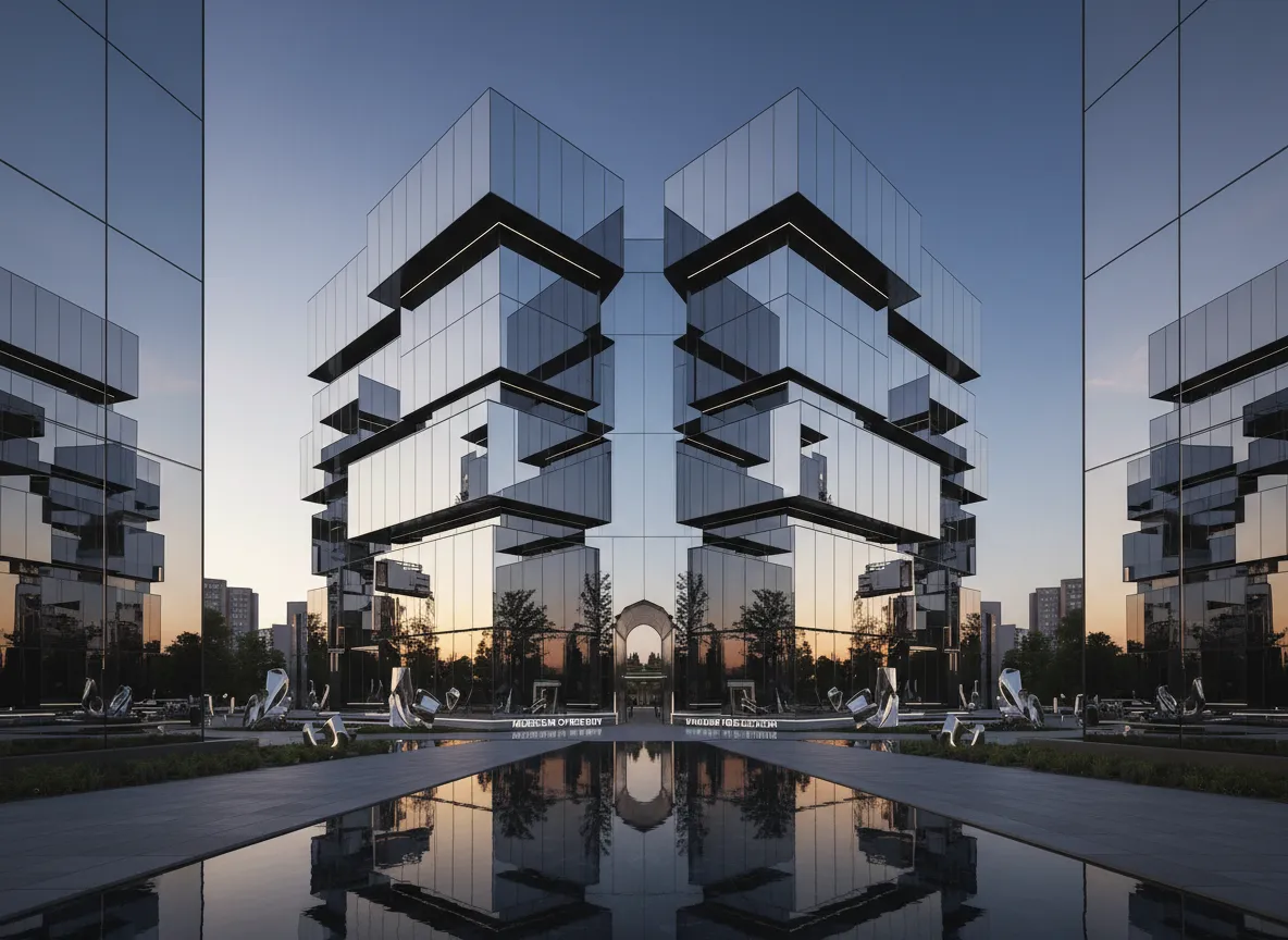 Ein beeindruckendes Architektur-Rendering eines modernen Museums mit einer perfekt symmetrischen Glasfassade, erstellt mit der Funktion Mirrored Boundaries.