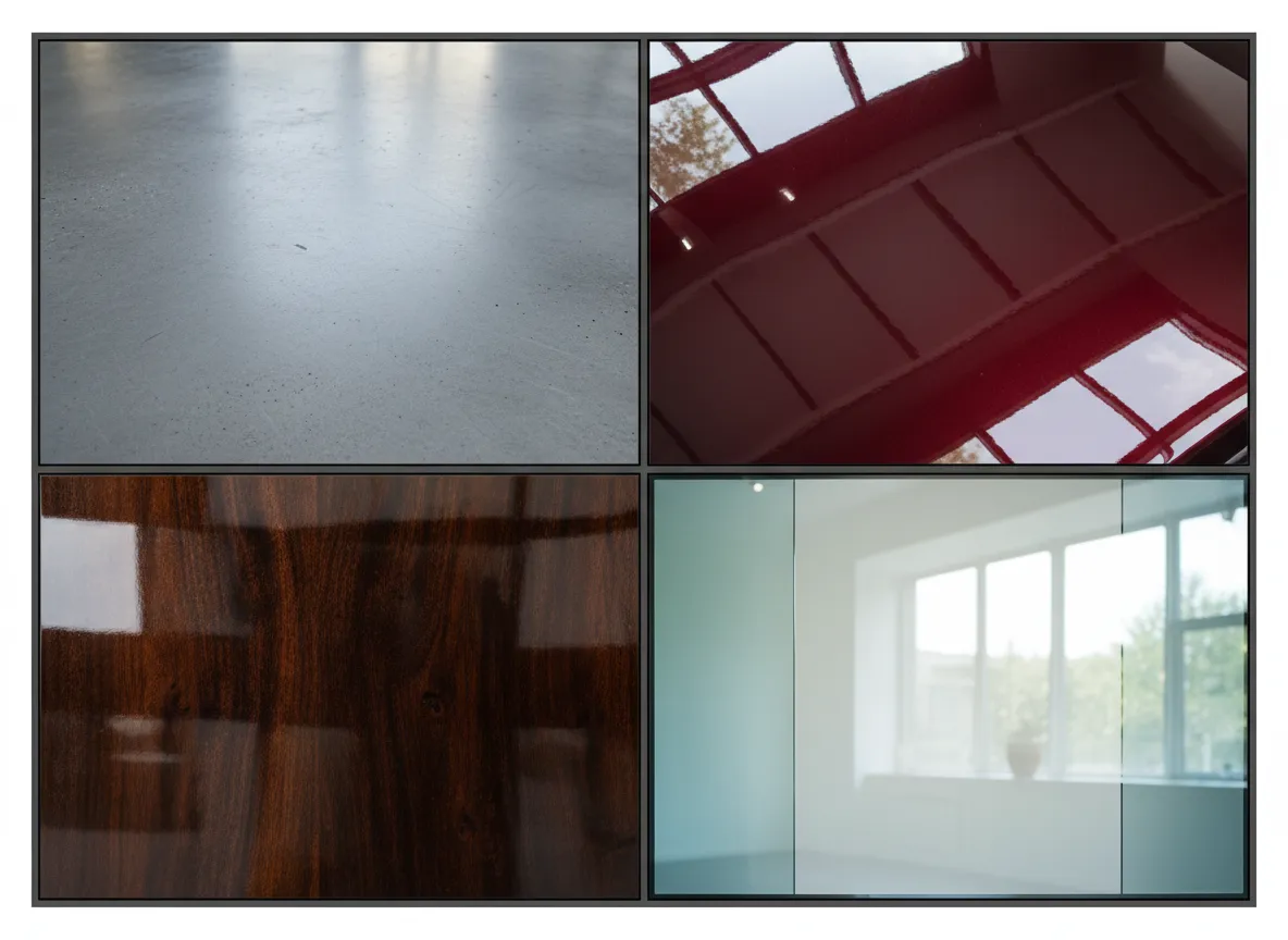 Ein Raster aus vier verschiedenen gerenderten Materialien: polierter Beton, hochglänzender roter Autolack, lackiertes dunkles Holz und reflektierendes Glas.