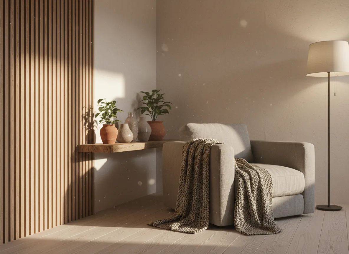 Nahaufnahme einer gerenderten Raumecke, die das sanfte Spiel von Licht und Schatten auf texturierten Wänden und Dekor hervorhebt.