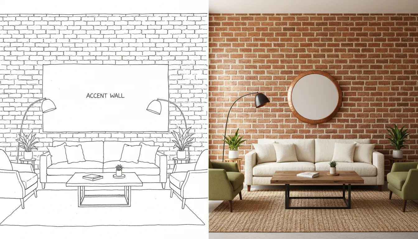 एक स्प्लिट-स्क्रीन छवि जिसमें बाईं ओर एक लिविंग रूम का एक साधारण लाइन स्केच और दाईं ओर एक फ़ोटोरियलिस्टिक PromeAI रेंडरिंग दिखाई गई है, जिसमें मेक्सिकन मिट्टी की पकी ईंटों की एक शानदार एक्सेंट दीवार है।