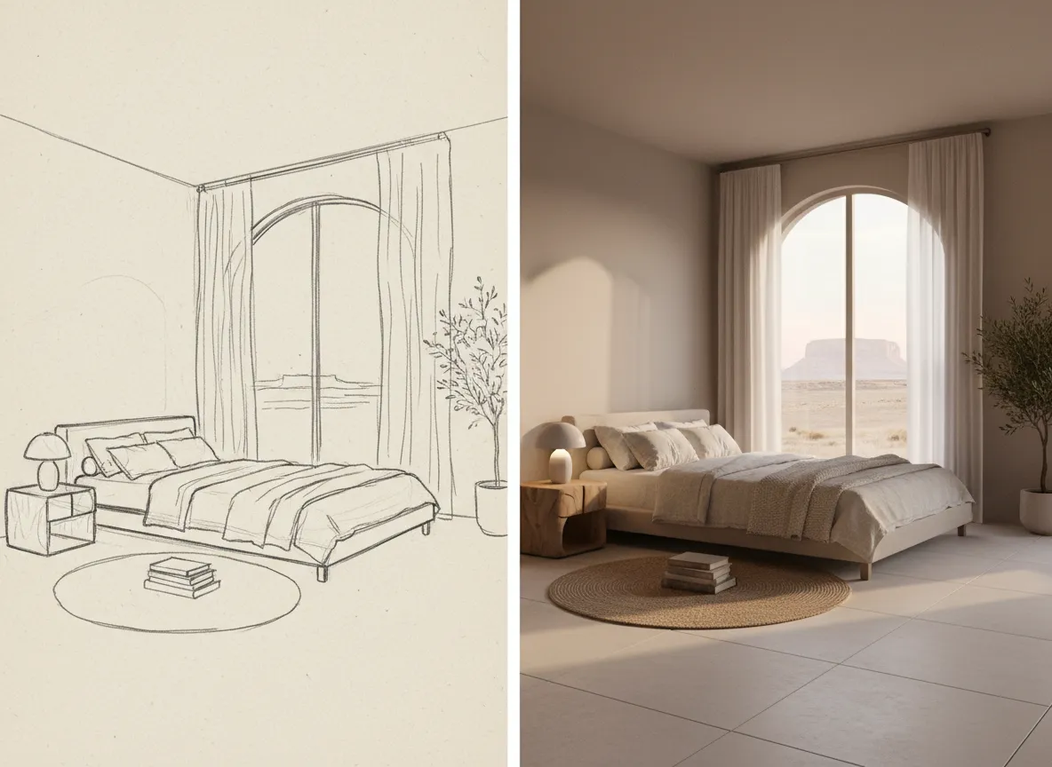 Ein direkter Vergleich, der eine einfache handgezeichnete Skizze eines Raumes und ein detailliertes, fotorealistisches Rendering desselben Raumes im Plateau-Serenity-Stil zeigt.